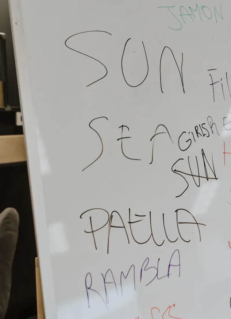 Pizarra de una formación donde muestra varias palabras tanto en ingles como en español